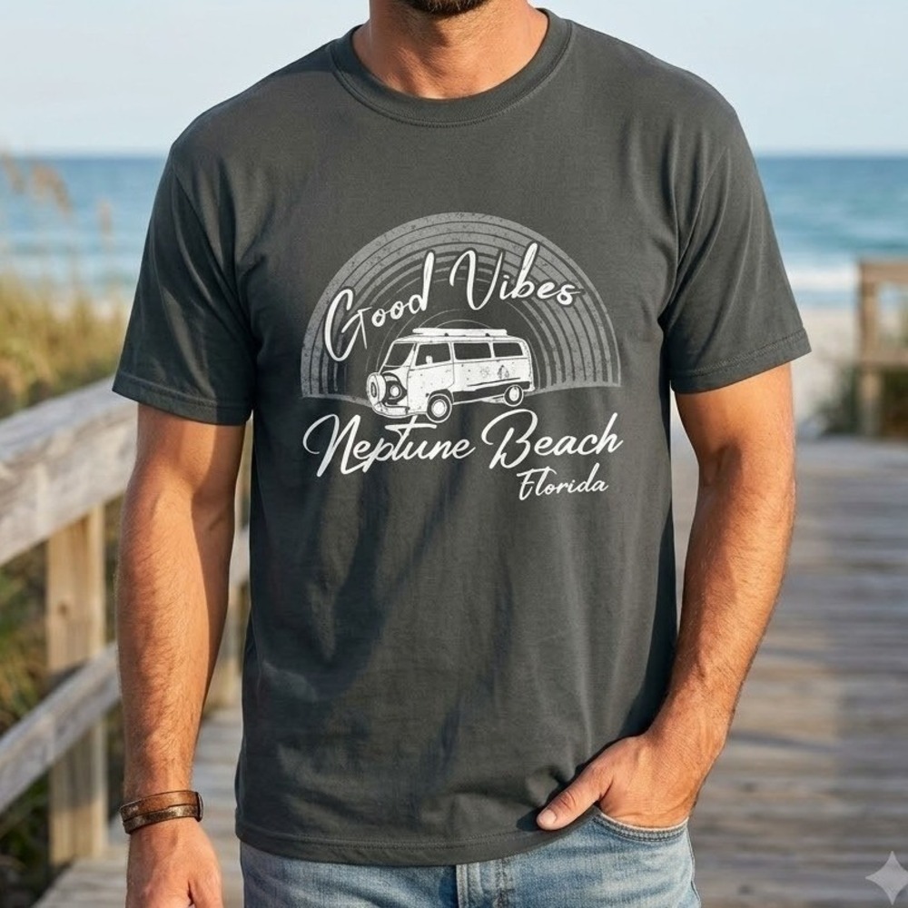 Yazbek Neptune Beach Florida Good Vibes Surf Van Graphic T-Shirt Gray XL NEW